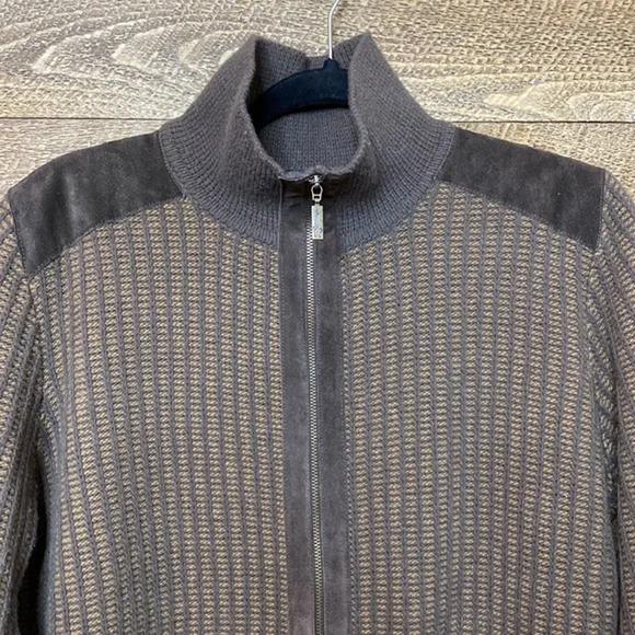 Men’s Moncler Italian Brown zipper front sweater with leather accents Size Large - Picture 3 of 9
